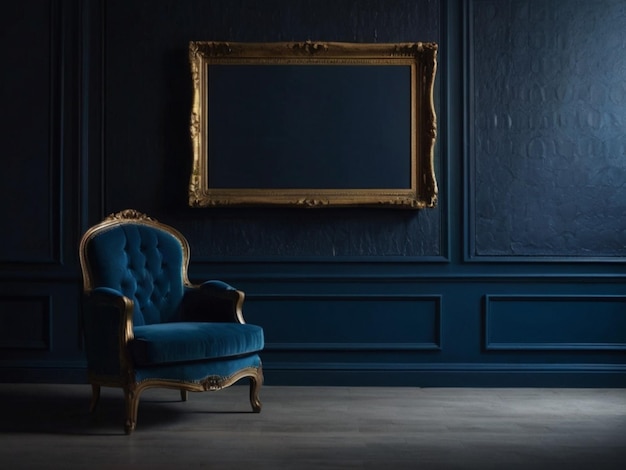 빈 의자와 함께 어두운 파란색 방의 단순함을 프레임하여 관객들이 자신을 상상하도록 초대합니다.