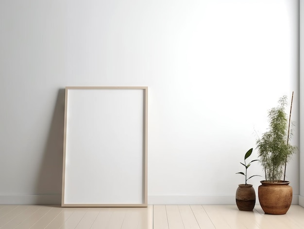 A frame sits on the floor next to two vases with a plant on it.