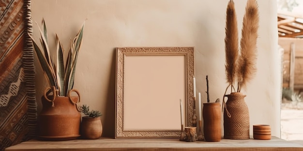 A frame sits on a shelf next to a potted plant.