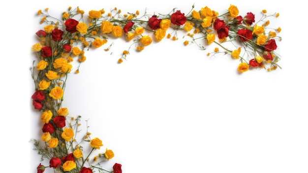 Рамка из маленьких красных и желтых роз на белом фоне для дизайна поздравительных открыток