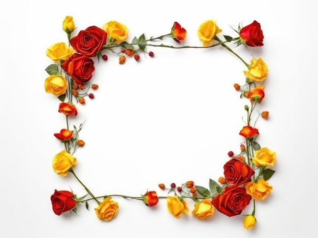 A frame of small red and yellow roses on a white background for greeting card design