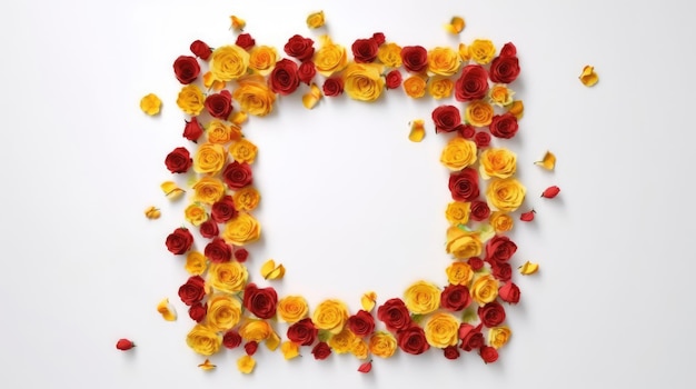 A frame of small red and yellow roses on a white background for greeting card design