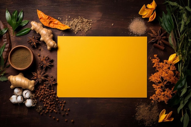 a frame of spices and herbs on a wooden background with a place for text.