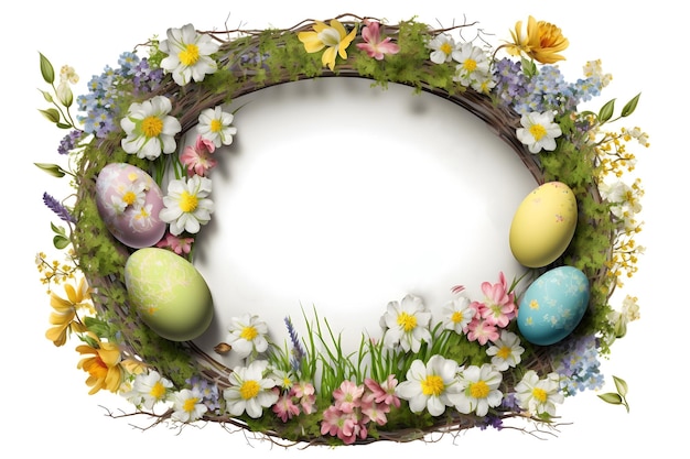 Frame of spring flowers and easter eggs space for text white background Generative AI