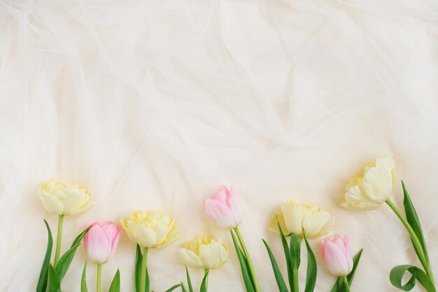 Frame of spring tulip flowers on a beige background with a copy space flat lay for wedding day
