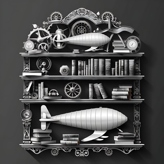 Photo frame of steampunk style bookshelf with gear design and zeppelin symb cnc die cut outline tattoo