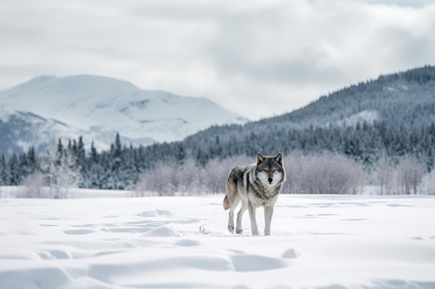 Frame a stunning image of a lone wolf traversing a snowcovered landscape