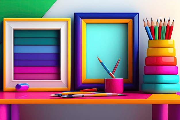 Frame and supplies on colorful desk Back to school