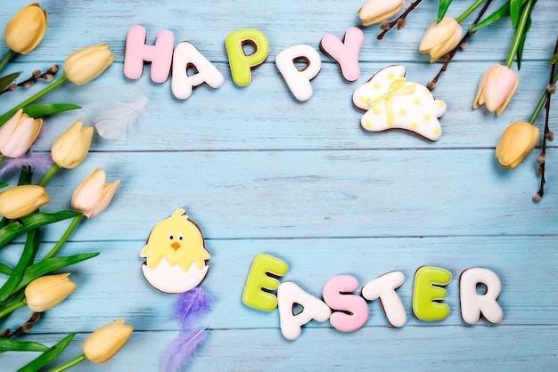 Frame of Sweets for celebrate Easter. Gingerbread in shape of easter bunny