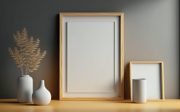 A frame on a table with a plant and a vase on the table.