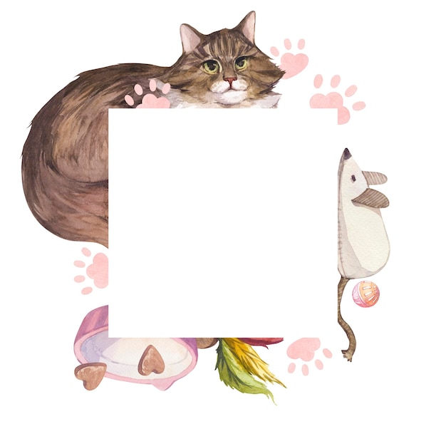 Frame template with watercolor illustrations of cats