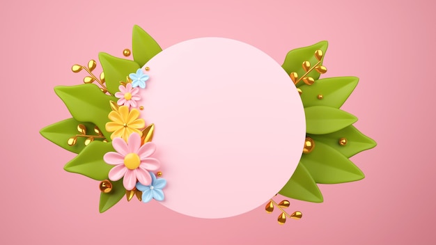 Frame for text with 3d flowers and leaves in pink background 3D render