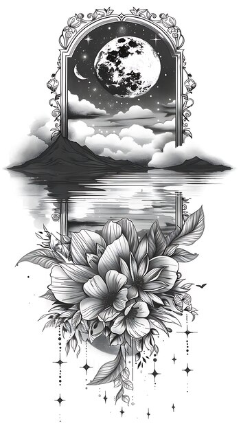 Photo frame of tranquil lake landscape under a half moon with reflection fr outline art tattoo ink tshirt