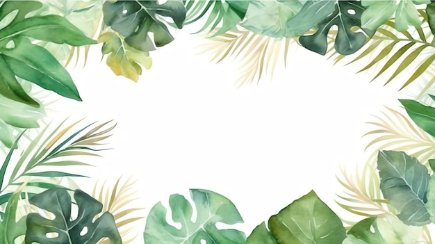 A frame of tropical leaves and palm trees.