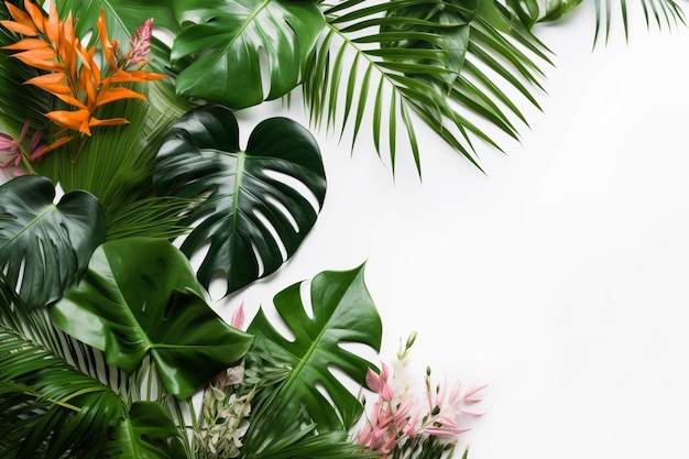 A frame of tropical leaves on a white background.