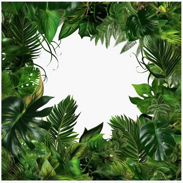 A frame of tropical leaves with a white background.