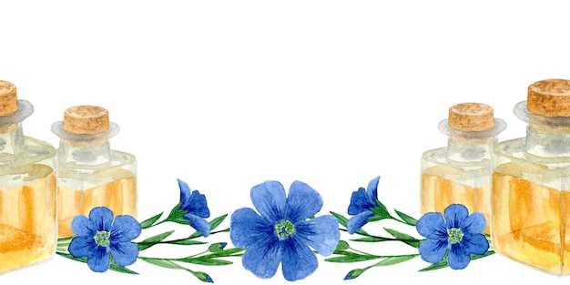 Frame van blauwe vlas bloemen en lijnzaadolie Aquarel hand getekende illustratie geïsoleerd op witte achtergrond Gezonde voeding dieet en cosmetische producten Sjabloon voor ontwerp