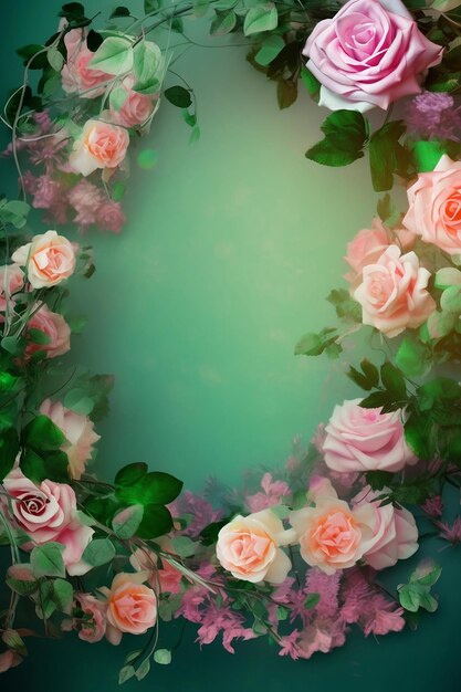 Frame van bloeiende roze rozen op groene achtergrond