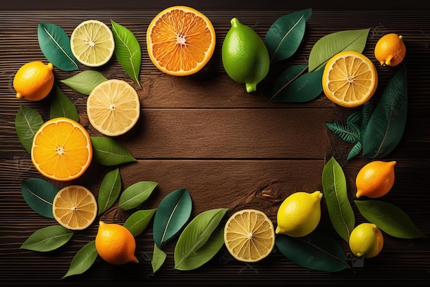 Frame van citroenenbladeren en sinaasappelen op een houten tafel AI gegenereerd