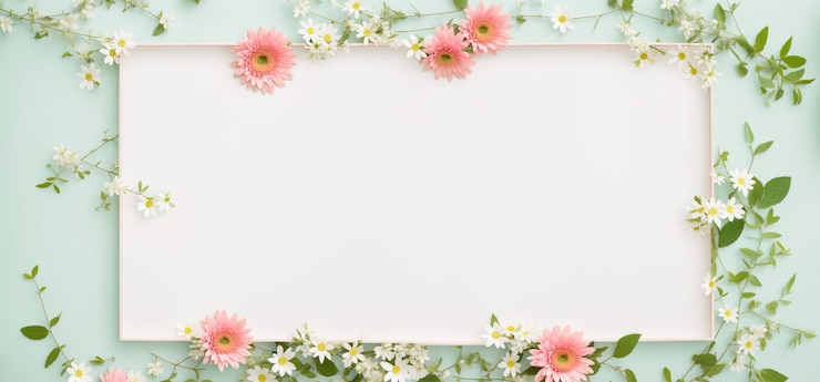 Foto frame van lentebloemen met muntrand generatieve ai