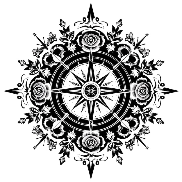 Frame van Nautical Compass Rose Folk Art met Rose Pattern en Directi CNC Die Cut Outline Tattoo