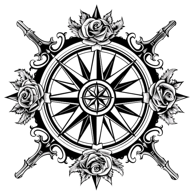 Frame van Nautical Compass Rose Folk Art met Rose Pattern en Directi CNC Die Cut Tattoo Design Art