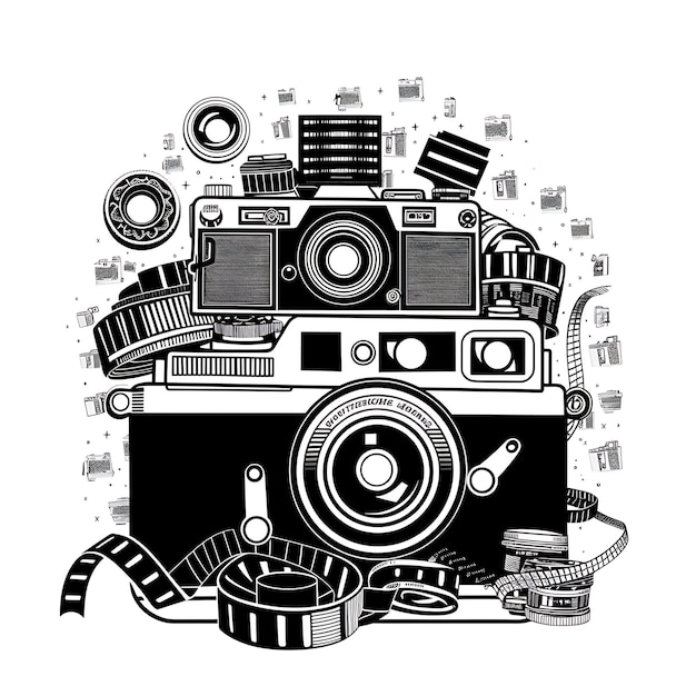 Frame van Retro Camera Folk Art met Film Strip Pattern en Lens Detai CNC Die Cut Tattoo Design Art