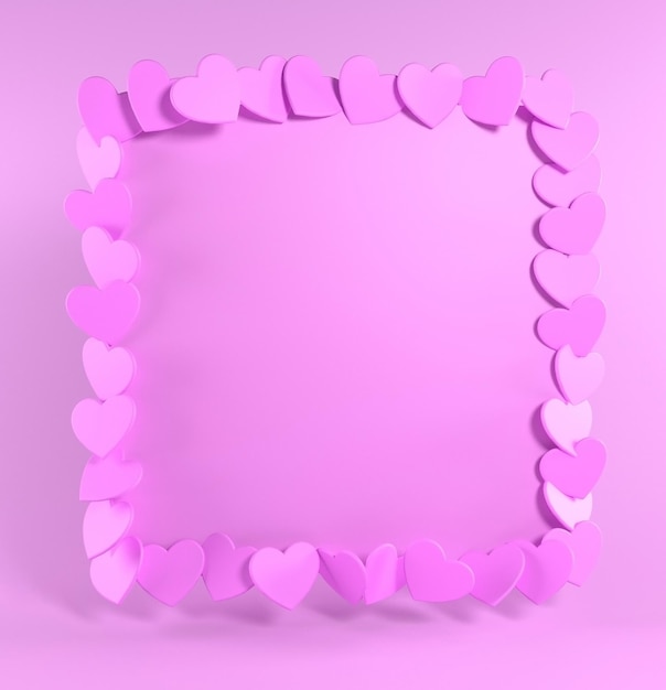 Frame van roze harten op een roze achtergrond, 3D-rendering.