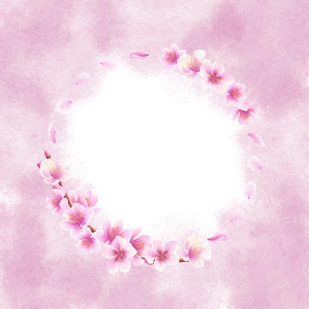 Frame van sakura amandel perzik appel bloemen op roze waterverf achtergrond met de hand getekende illustratie