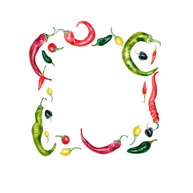 흰색에 고립 된 다양한 고추 수채화 그림의 프레임