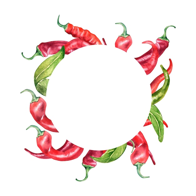 Photo frame of various hot peppers watercolor illustration isolated on white