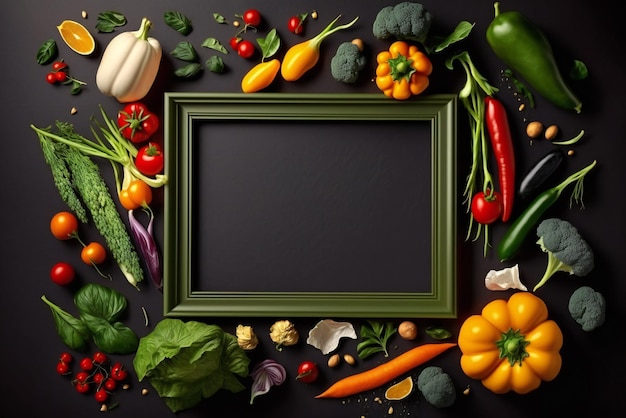 A frame of vegetables and a black background with a green frame.