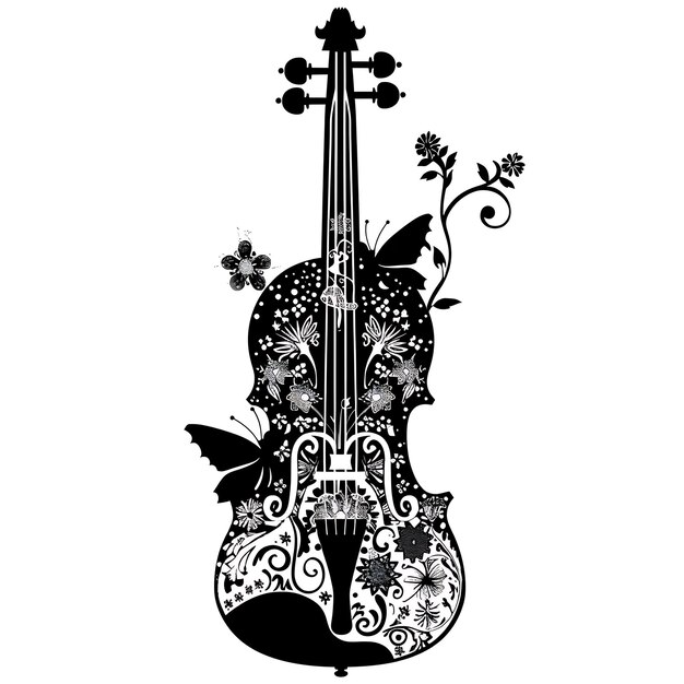 Frame of Violin CNC Art With Fairy and Flower Motifs Small Fairy and CNC Die Cut Outline Tattoo