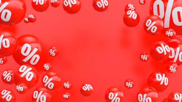 Foto frame voor grote verkoop rode glanzende achtergrond met bollen met percentages 3d render