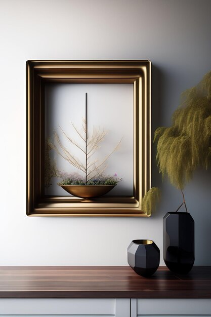 Frame on the wall and decorative twigs in a design vase