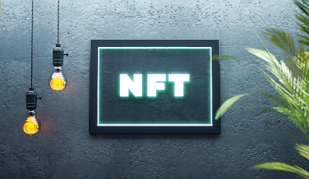 Frame on a wall showing NFT non fungible token hologram crypto art concept in 3D render