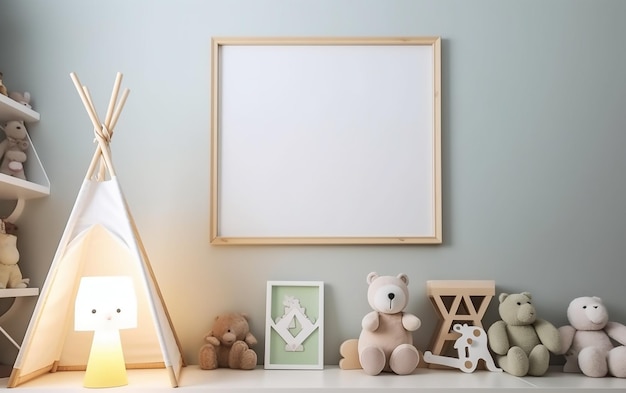 Frame on the wall with a picture of a bear and a lamp