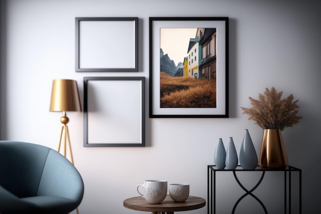 A frame on a wall with a picture of a house on it.