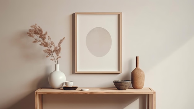 A frame on a wall with a vase and a plant on it.