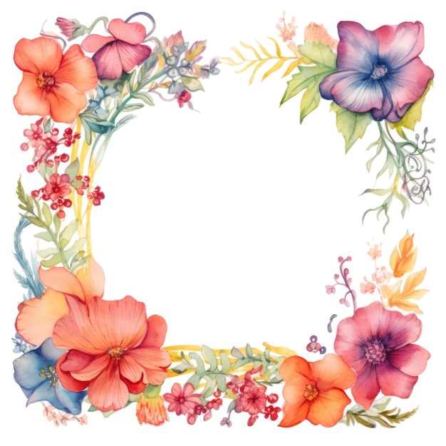 frame of watercolor flowers and leaves on white background Beautiful elegant floral wreath