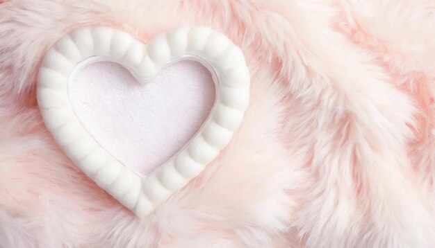 Frame of white heart shape on light pastel pink and fluffy fur blanket background