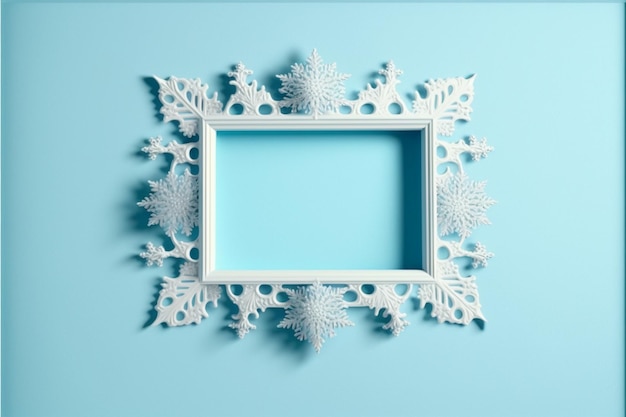 Frame of white snow on light blue wooden background