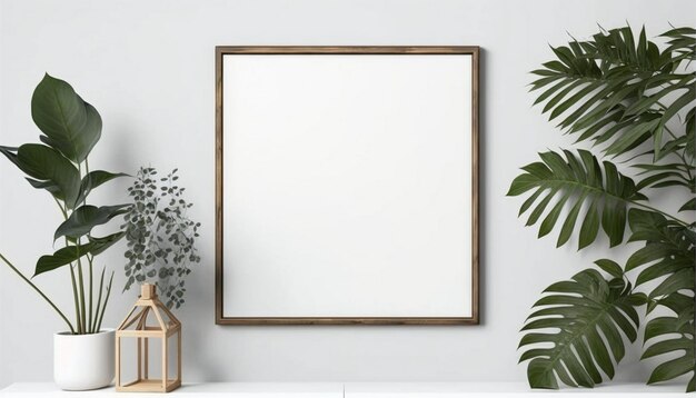 Photo a frame on a white wall with a plant next to it.