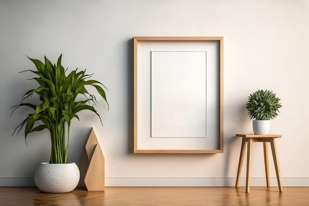 A frame on a white wall with a plant on it