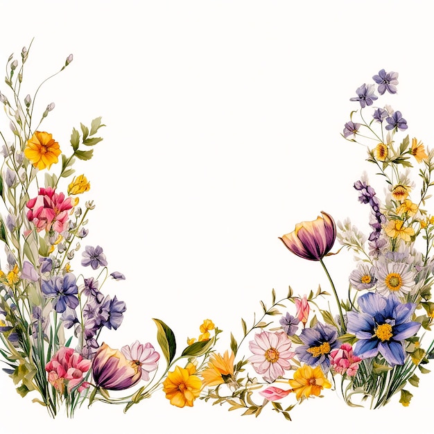 Frame of wild flowers on a white background generated ai