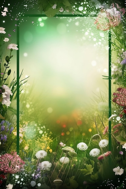 Photo frame of wildflowers on green background