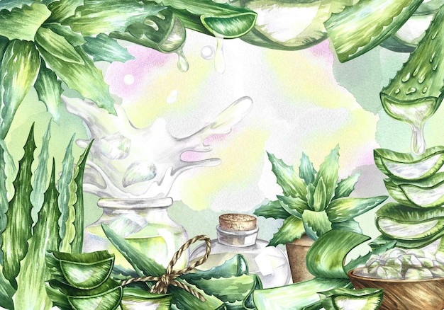 アロエのフレーム 化粧品と癒しのアロエベラジェル 水彩の手描きイラスト