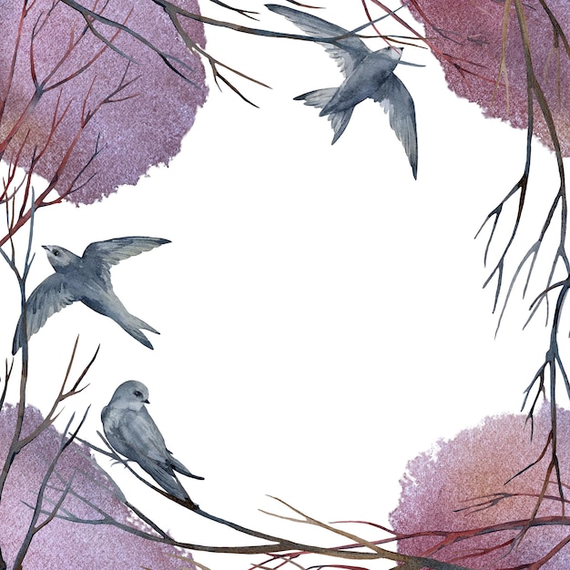 frame with artistic swifts birds tree branches and watercolor stains hand drawn template