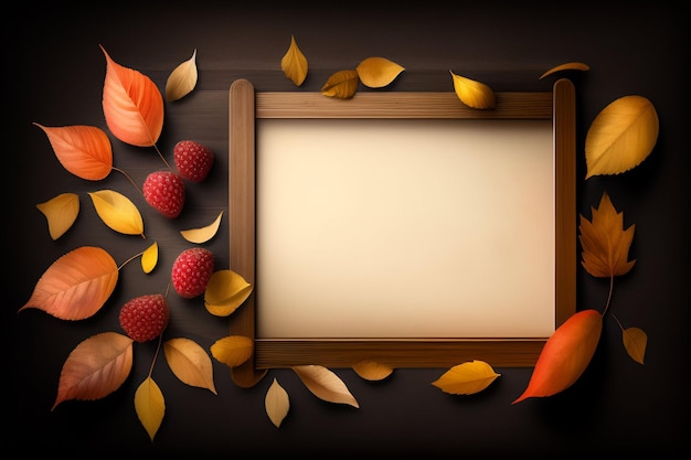 A frame with autumn leaves and a raspberry on it