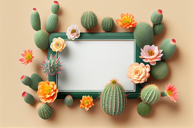 A frame with cactus and flowers on it